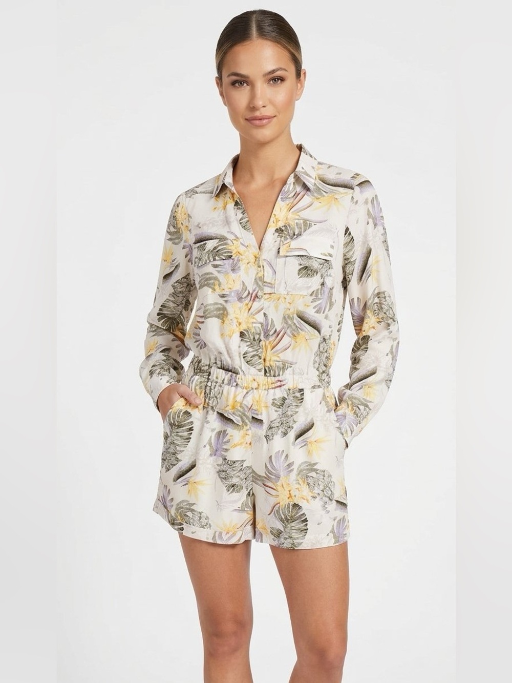 Guess Cream Tropical-Print Long-Sleeve Romper NWT Size S